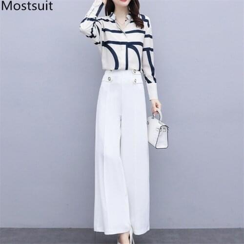 2020 Autumn Fashion Office Two Piece Set Outfits Women Striped Chiffon Shirt + Wide Leg Pants Suits Elegant Ladies Women Clothes