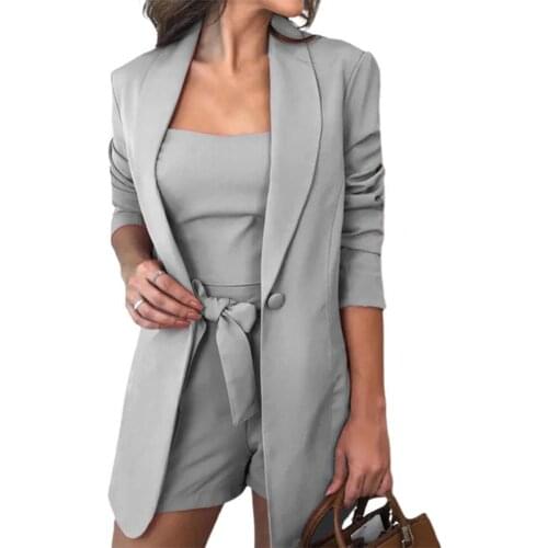 Office Lady Outfit Long Sleeve Blazer Solid Color Coat Shorts Vest Set Loose Suit for Business Basic Slim Suit Jacket Blazer Set