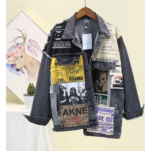 Patch Designs Denim Coat Woman 2020 Asymmetric Denim Coat Autumn Winter Print Streetwear Jacket Black