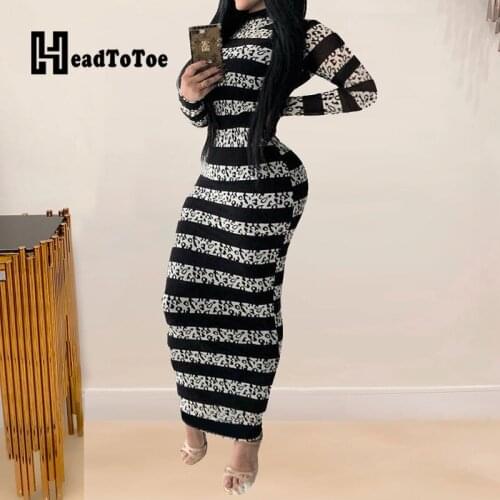 Striped Print Zip Fashion Casual Dresses for Women Long Sleeve O Neck Skinny Slim Ankle Length Woman Dress