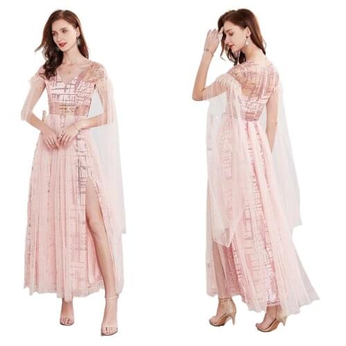 Cross border evening dress mesh Sequin feather dress new V-neck celebrity temperament show banquet slim dress