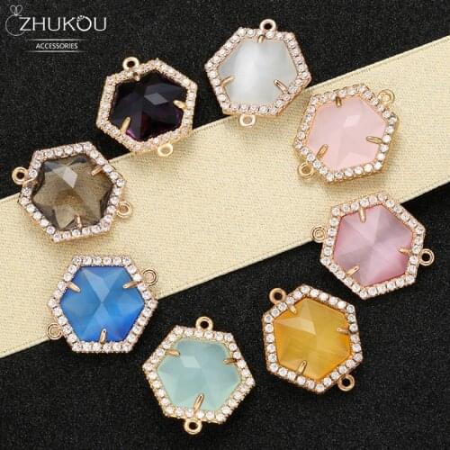 ZHUKOU 18x21mm Brass Cubic Zirconia Excellent Hexagon Connectors for DIY Necklace Handmade jewelry making findings model:VS347