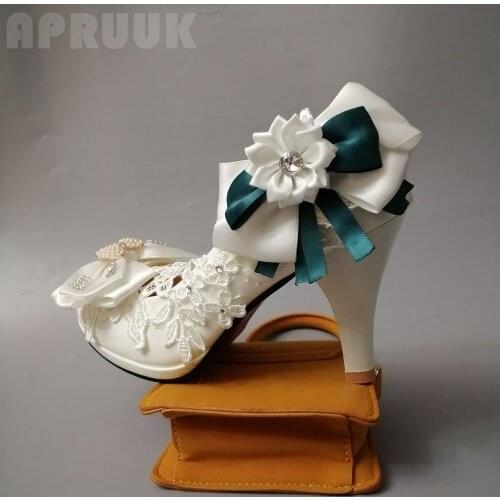 Satin butterfly-knot green white wedding party pumps shoes plus size woman platforms luxury handmade dancing banquet dress shoe