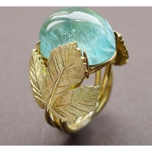 Big Gold Color Leaves Fashion Luxury Light Blue Leaf Romantic Rings for Women Natural Transparent Ball