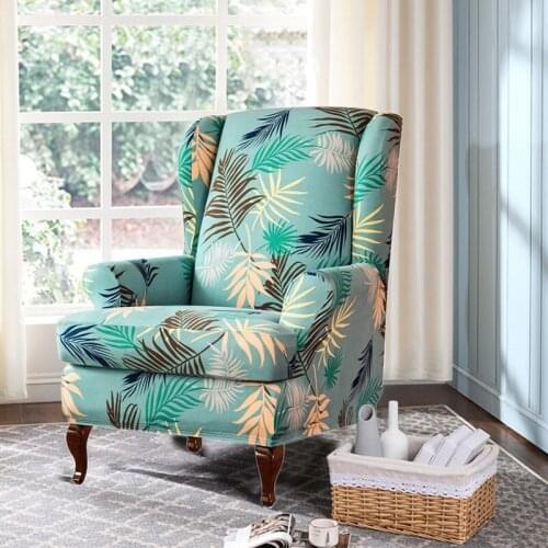 1Set Wing Chair Cover Tropical Plants Printed Wingback Armchair Slipcover With Cushion Cover Stretch Spandex Protector Cover
