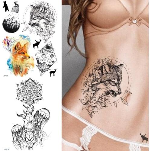 Black Sketch Wolf Diamond Interplanetary Fox Tattoo Stickers Realistic Women Waist Tattoos Temporary Body Arm Art Tatoo Sheets