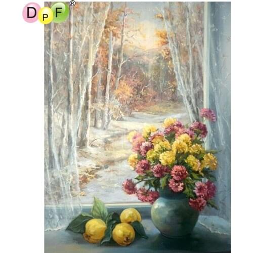 DPF The vase on windowsill needlework diamond mosaic square home decor diamond embroidery crafts diamond painting cross stitch