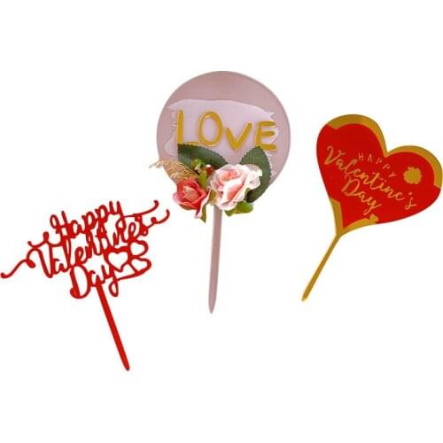 INS Flowers Love Valentines Day Acrylic Cake Topper Gold Love Wedding Cupcake Topper for Valentines Day Party Cake Decorations