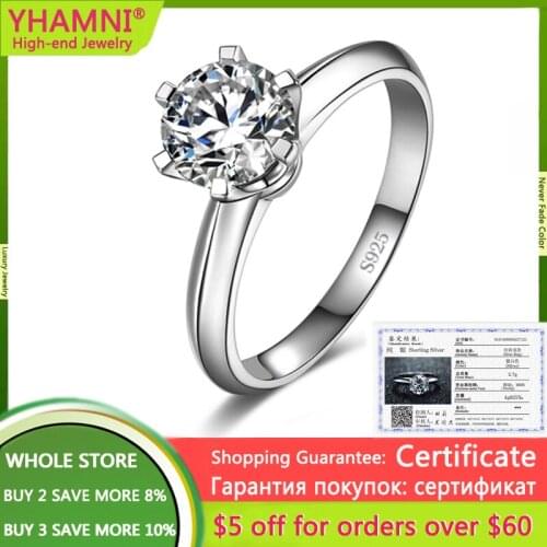 YHAMNI Silver 925 Rings With Certificate High Quality 7mm Zircon Gemstone Wedding Bands For Women Jewelry No Fade Allergy Free