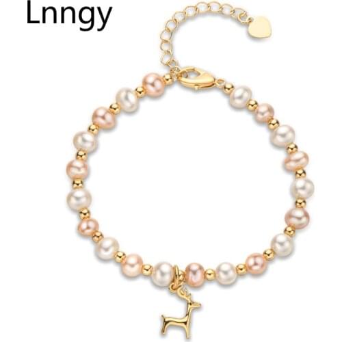 Lnngy 14K Gold Filled Bracelet 5.5-6.5mm Natural Freshwater Oval Pearl Lucky Elk Charm Bracelet Women Anniversary Moose Jewelry