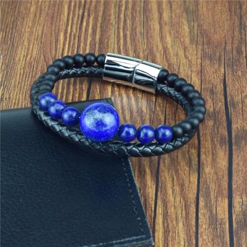 Stainless Steel Magnetic Natural Lapis Lazuli Stone Leather Man Bracelet Beaded Braclet Tigers Eye Stone Bracelet Bangles Gift
