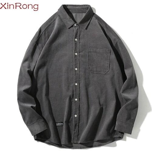 Korean Mens 2021 Spring And Autumn Corduroy Shirt Long-sleeved Solid Color Lapel Jacket Daily Outing Fashion Big Size Clothes
