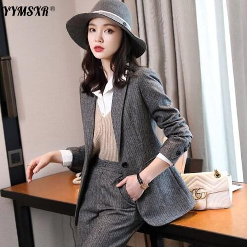 2021 New Winter Womens High-quality Suit Pants Two-piece Temperament Long-sleeved Ladies Striped Jacket Professional Wear