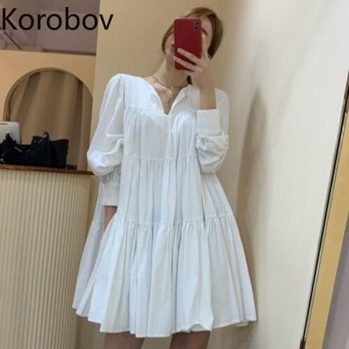 Korobov 2020 New Arrival Korean Dress Women V Neck Long Sleeve Elegant Female Dresses Vintage Solid Autumn OL Vestidos