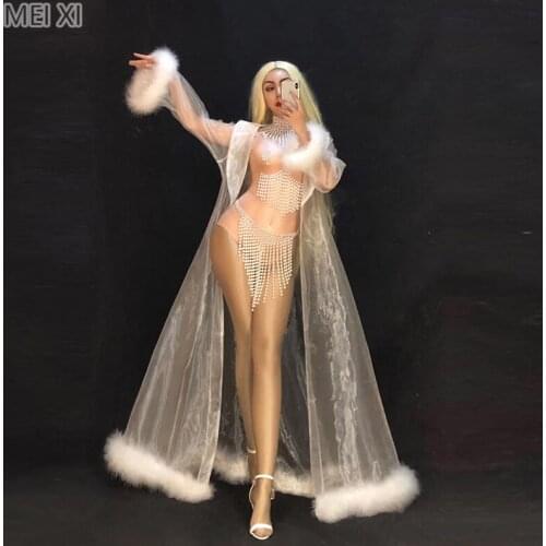 Sexy white pearl gauze feather cape suit party nightclub bar concert DJ singer/dancer costume