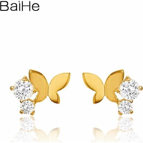 BAIHE Solid 18K Yellow Gold 0.09CT H/SI Round Natural Diamonds Earrings Wedding Trendy Jewelry butterfly Stud Earrings For Women