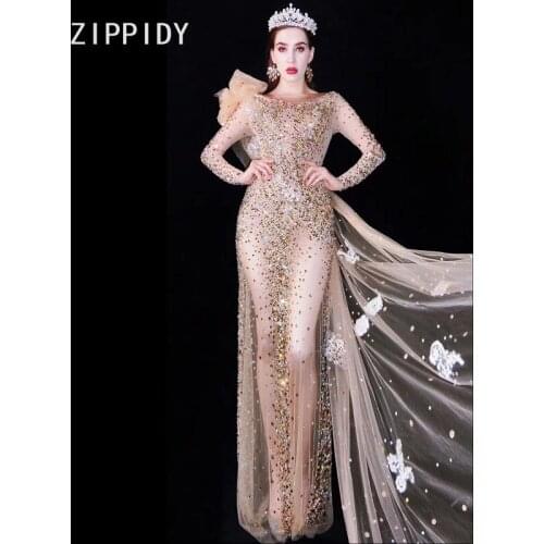 Mesh Multi-color Stones Long Dress Womens Wedding Celebrate Birthday Transparent Outfit Singer Dance Bar Dresses