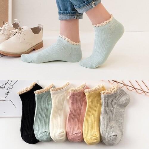 Spring and summer lace boat socks womens socks childrens double needle Japanese vertical bar pure cotton socks ear edge
