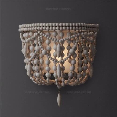 Vintage white wooden beads wall lamp french american anqitue wooden wall sconce in bedroom farmhouse hallway corridor babys room
