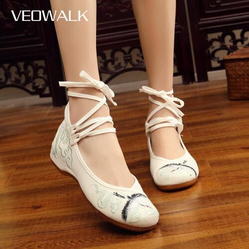 Veowalk Crane Embroidered Women Ankle Strappy Ballet Flats Ladies Casual Canvas Flat Shoes Vintage Woman Dance Ballerinas