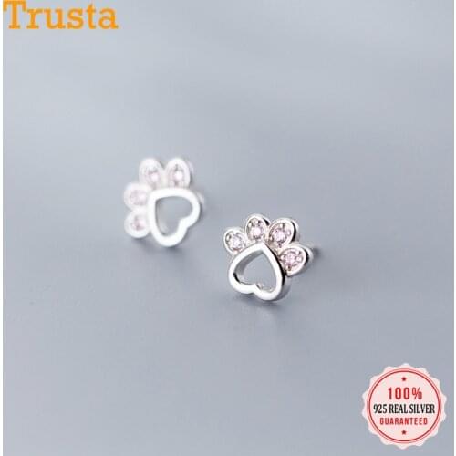 Trustdavis 925 Sterling Silver Animal Dog Cat Paw Pink Twinkling CZ Stud Earring For Women Footprints Valentines Day Gift DA908