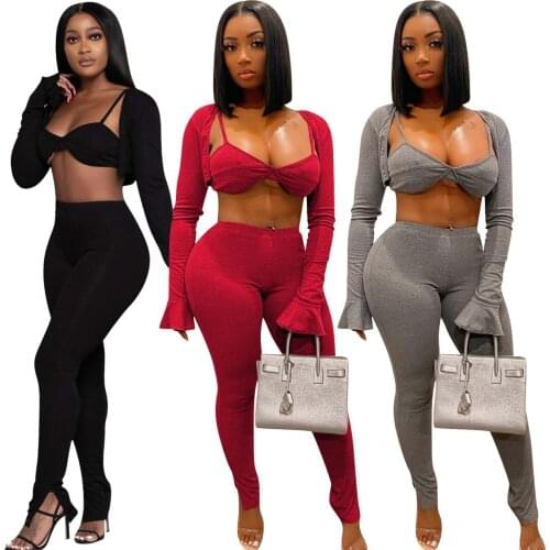 Casual Solid Streetwear 3 Piece Set Women New Autumn Flare Sleeve Crop Top + Pants Suit Tracksuit Club Fall Clothes for Women
