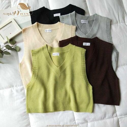 SISHION 2021 Spring Autumn Vintage Sleeveless v-neck knitted Vest Sweater Women QY0257 Solid Pullovers Ladies Casual Tank Top