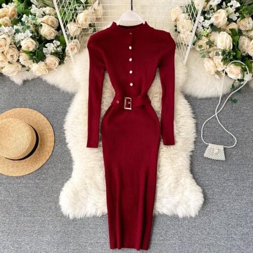 Teeuiear Slim button Autumn bandage Bodycon Knitted Sweater midi Dress vintage Winter Party dress Women office knee length dress