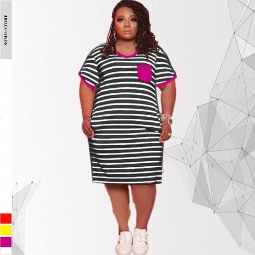 Plus Size Womens Dress Fashion Round Collar Short Sleeve Pocket Striped Summer Casual Loose Midi Dresses Wholesale Dropshipping