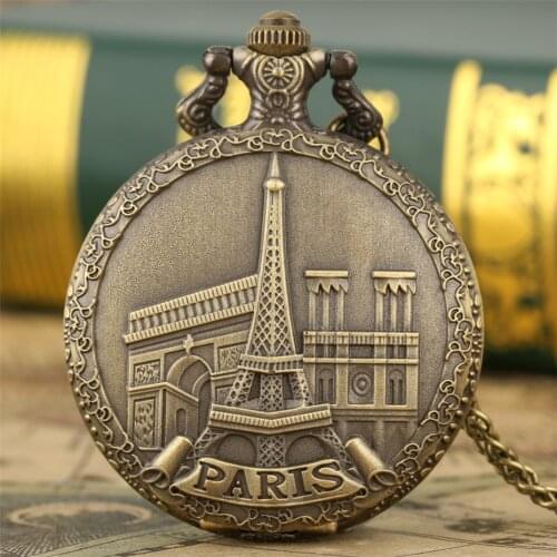 Famous Building Paris Eiffel Tower Display Quartz Pocket Watch Vintage Bronze Necklace Pendant Souvenir Clock Fob Chain