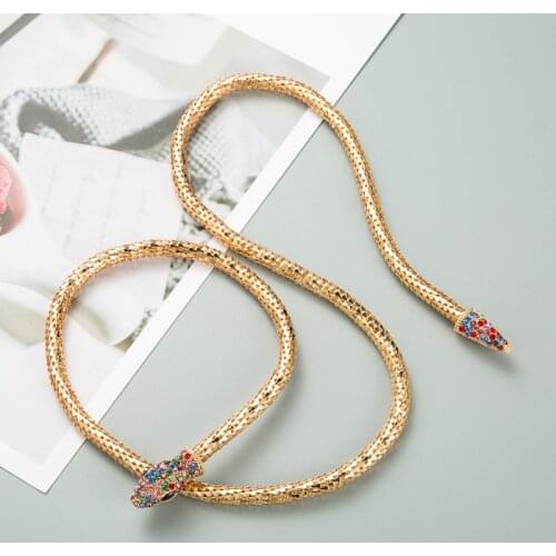2021 Cool Hip Hop Metal Adjustable Colorful Crystal Necklace Gold Silver Color Rhinestone Snake Necklace for Women Girls Party