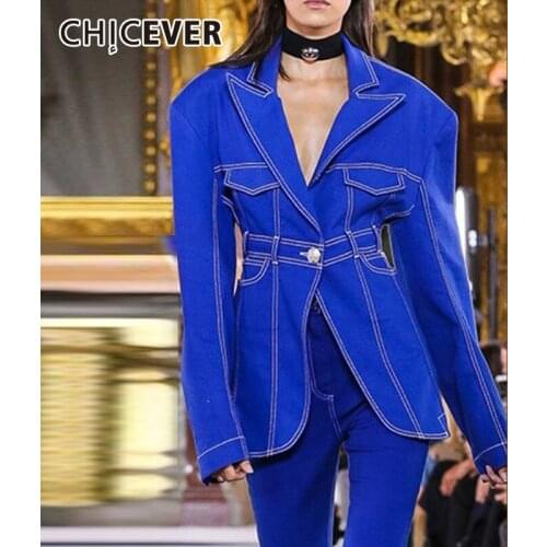 CHICEVER Blue Denim Casual Blazer For Women Notched Long Sleeve Patchwork Single Button Pockets Straight Blazers Female 2021 New