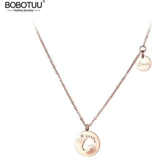 BOBOTUU Trendy Double Footprints Love Chokers Necklace For Women Rose Gold Stainless Steel CZ Crystal Pendant Jewelry BN19030