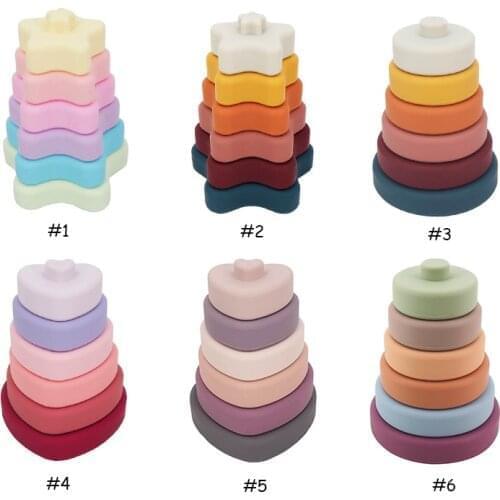 Chenkai 6pcs Silicone Stacking Toy Star Heart Round Shape Construction Teethers Baby Soft Building Blocks