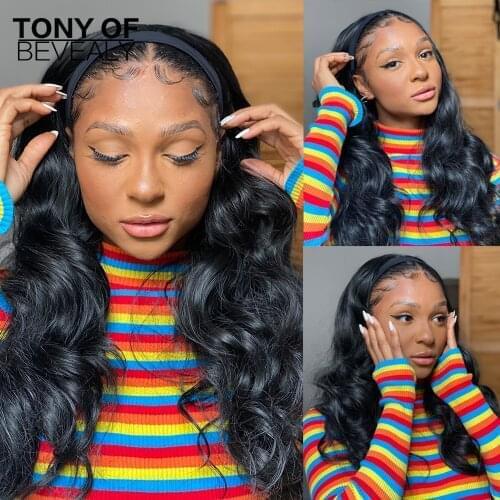 Long Wavy Headband Wigs for Black Women Body Wave Heat Resistant Natural Black Synthetic Hair Wigs With Headband Fake Hair