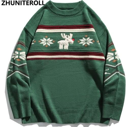 Christmas Elk Knitted Jumper Sweaters Streetwear Mens Hip Hop Harajuku Pullover Knitwear Fashion Knit Outwear Male Couple Tops