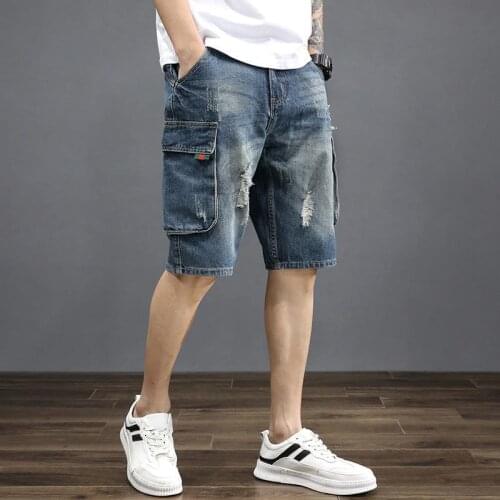 2021Summer thin jeans for men popular logo loose multi-pocket overalls for men casual ripped shorts shorts for men summer