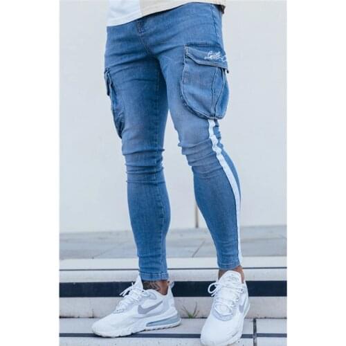 Mens Brand Punk Style Jeans With Side Pockets Embroidery Denim Men Trouser New Slim Fit Jeans Men The Side Stripe Jeans