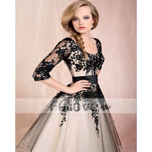 Elegant Half Sleeve Appliques Lace Prom Dresses 2019 Slim Cut Tea-Length Tulle Evening Party Dress Custom Made Vestido De Gala