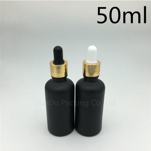 12pcs 50ml black frosted glass essential oil bottle with gold aluminum ring dropper glass perfume bottle
