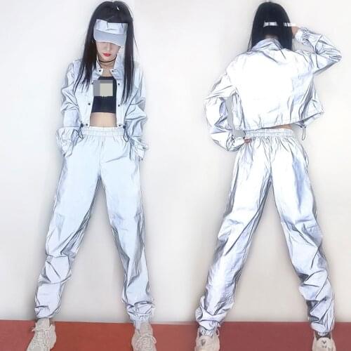 Hip Hop Costumes Adults Fashion Reflective Jacket Pants Street Dance Suit Jazz Stage Performance Clothing Modern Outfit DT2968
