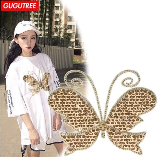 GUGUTREE embroidery paillette big buttlefly patches animal patches badges patches for jackets