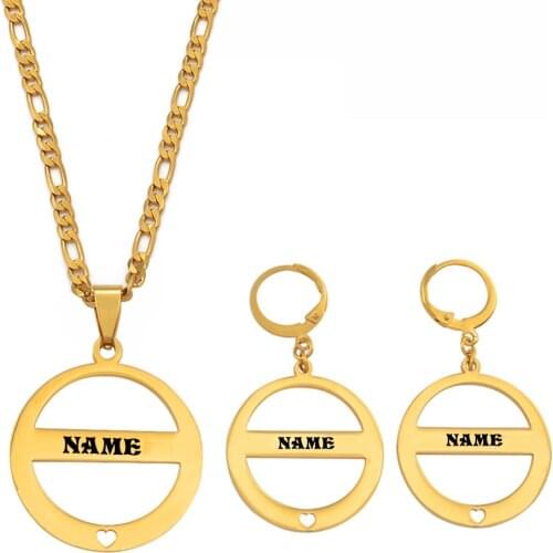 Anniyo Customize Name With Black Ink Pendant Necklace Earrings Sets Stainless Steel Letter Jewelry Personalized Letters #056821