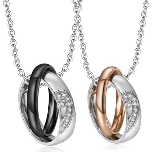 Stainless Steel Half Love Heart Rhinestone Pendant Couple Necklace For Lover Couple Women Men Valentines Day Gift Jewelry