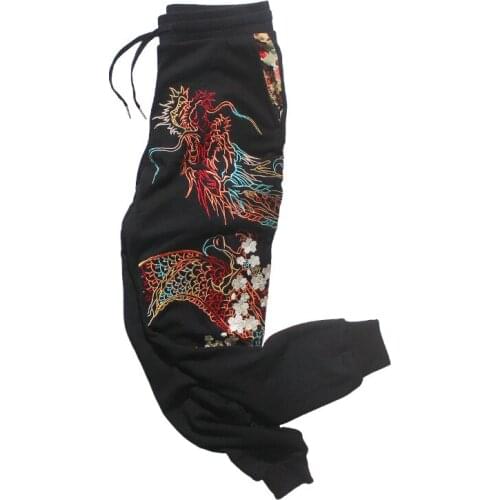 Spring Autumn Black Cotton Pants for Women Mens Originally Chinese Embroidered Pants Yokosuka Sportpants Lose Trousers