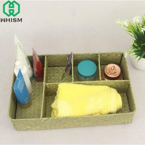 WHISM Natural Seagrass Storage Boxes 5 Lattices Cosmetics Sundries Organizers Handmade Jewelry Cosmetic Storage Basket