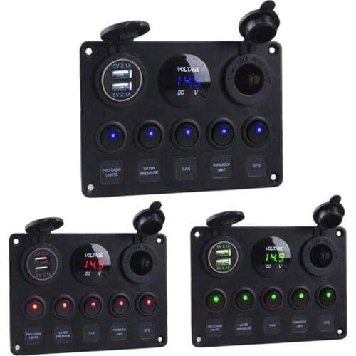 Dual USB Socket Charger LED Voltmeter 12V Power Outlet 5 Gang ON-OFF Toggle Switch Panel for Car Boat Marine RV Truck