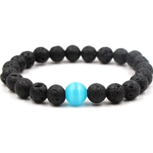 10mm Blue Opal Beads elastic thread Bracelet adjusted 8mm black stone volcanic lava xg3 Bangles men gift