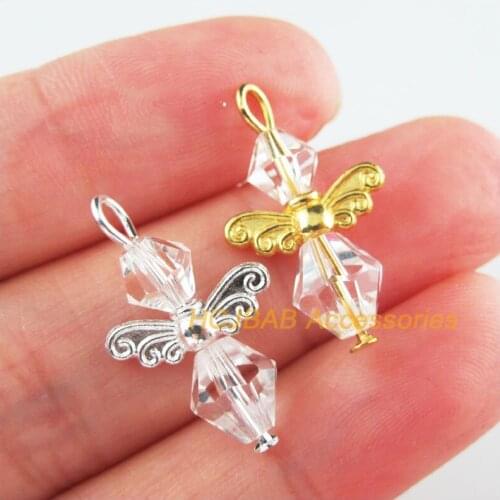 15Pcs Retro Gold Tibetan Silver Tone White Crystal Angel Charms Pendants 14x23mm