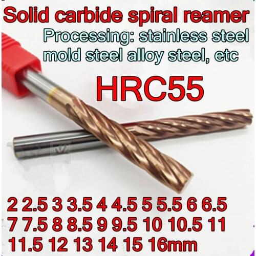 2.0mm-16mm HRC55 Solid carbide spiral reamer H7 = +0.005 - +0.010mm Processing: stainless steel mold steel alloy steel, etc